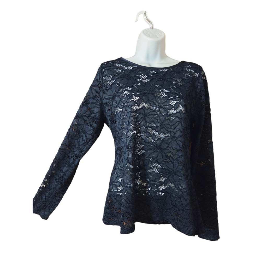 WHBM Navy Blue Floral Lace Sheer Long Sleeve Pullover Top M NWT stretch